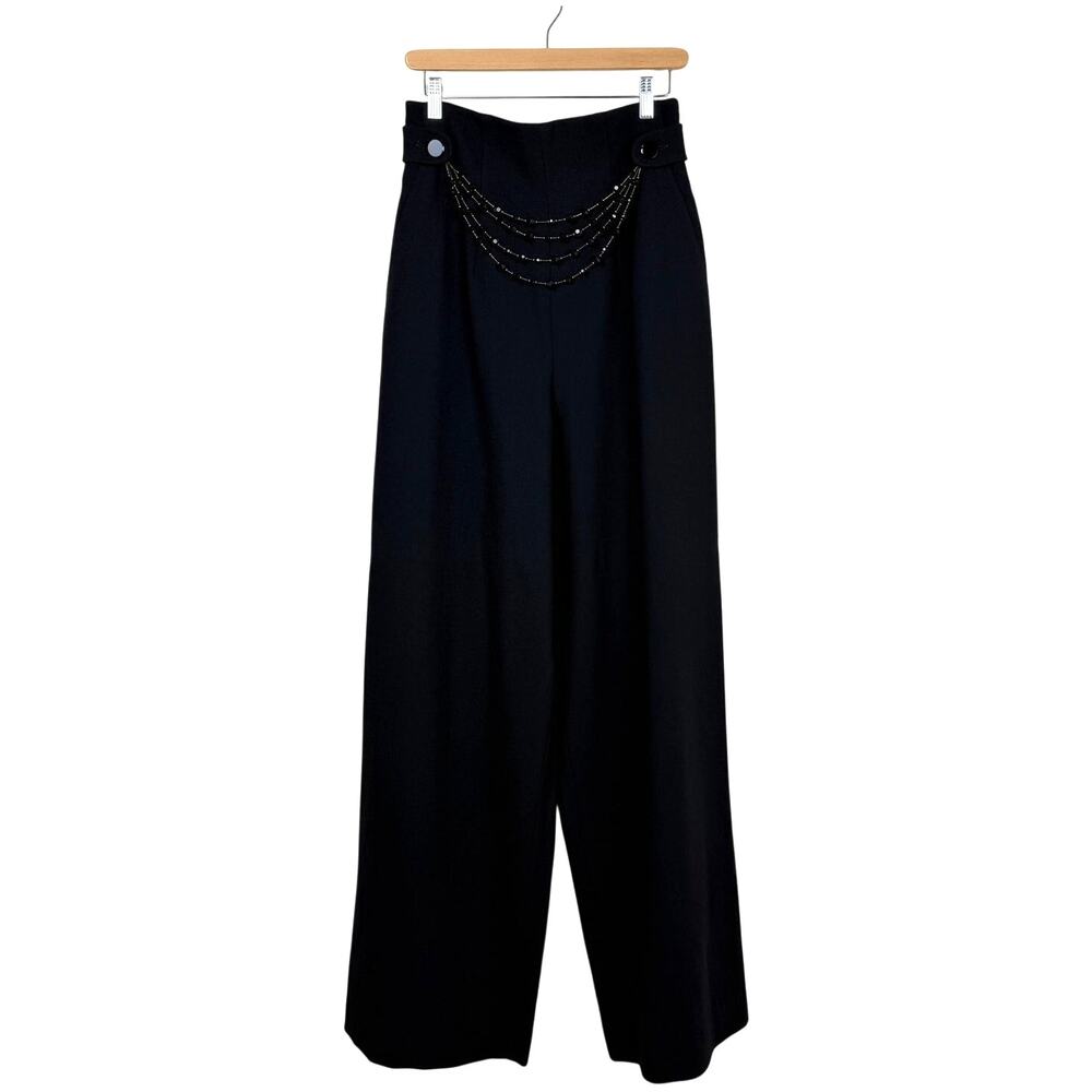 Anne Klein Collection Wool Blend Wide-Leg Pants Beaded Chain Belt Vintage 90s